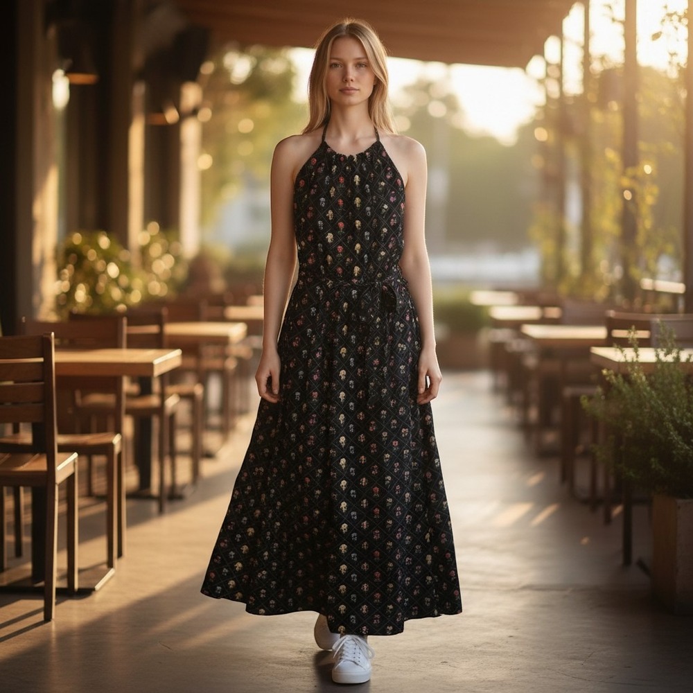 Rachel Antonoff Women M Black Floral Silk Cotton Halter Maxi Dress Feminine Chic